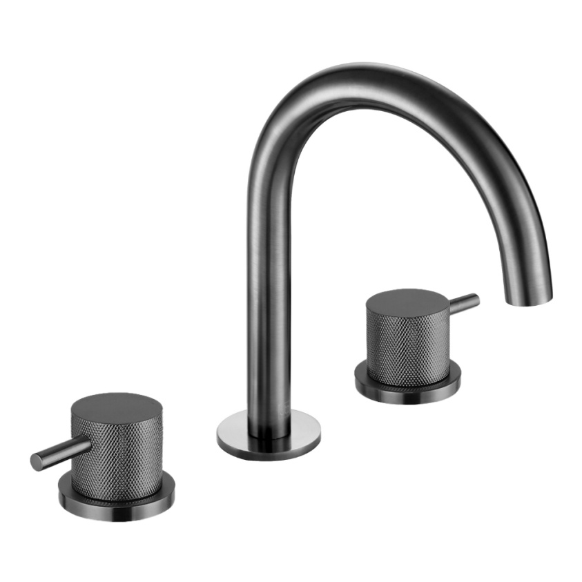 Product Cut out image of the JTP Vos Brushed Black 3 Tap Hole Deck Mounted Basin Mixer with Designer Knurled Handles